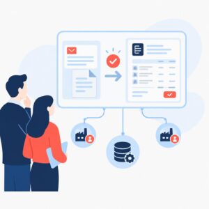 Ilustración en estilo «flat-vector» que muestra el procesamiento automatizado de los cambios en las órdenes de compra con los proveedores y las actualizaciones del ERP