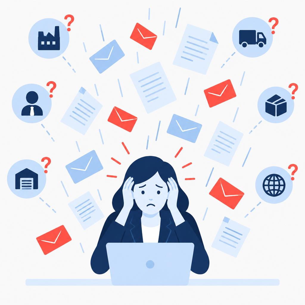 Illustration of the chaotic 'before' scenario with many incoming emails and documents for PO changes