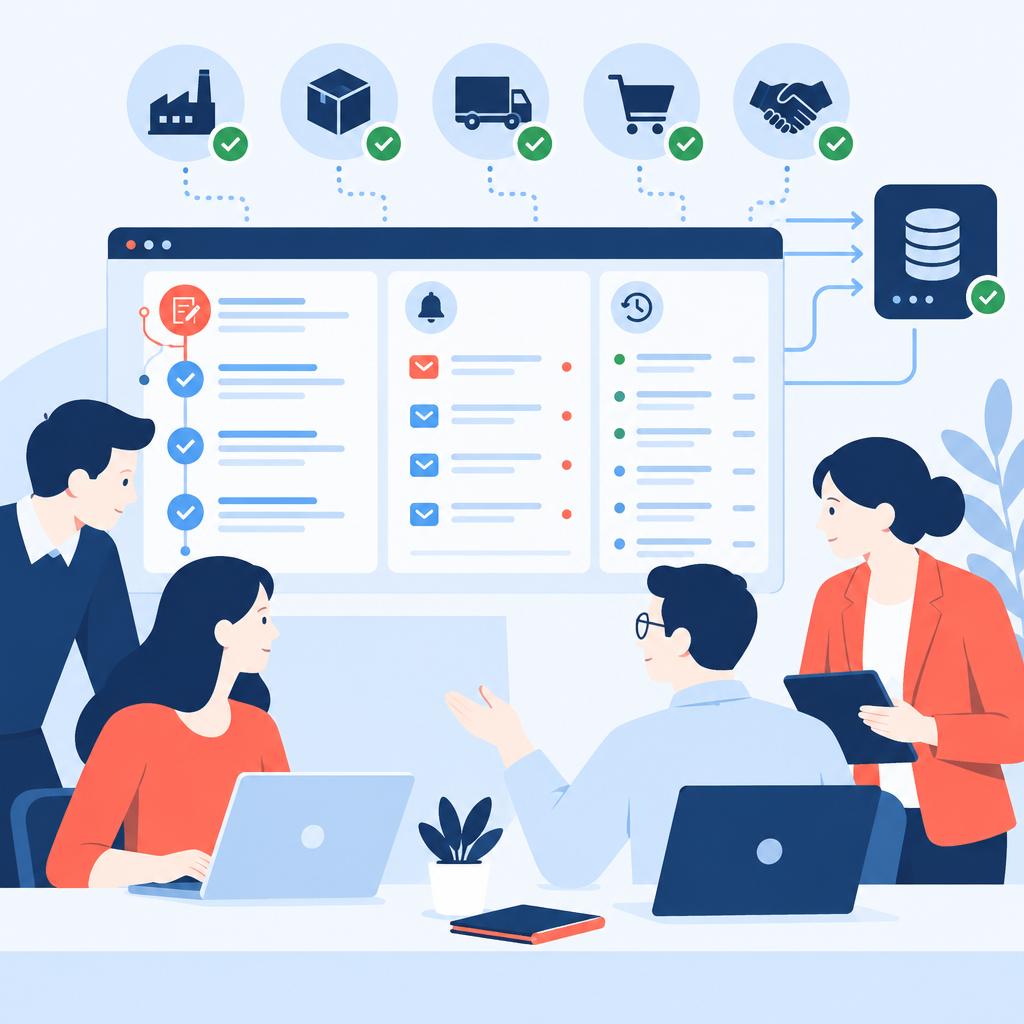 Illustration of the 'after' scenario with organised dashboard, acknowledged supplier confirmations and ERP updates