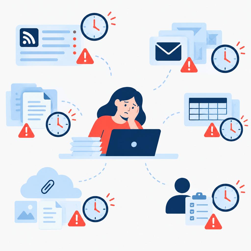 Illustration « flat-vector » représentant des sources de contenu désorganisées et des horloges manuelles, mettant en évidence le travail de publication manuelle