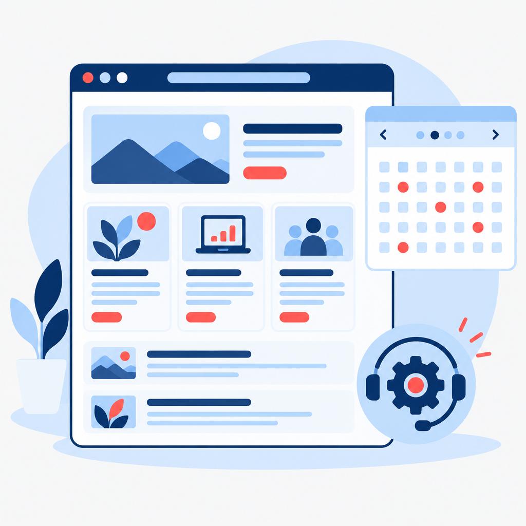 Illustration vectorielle de style « flat » représentant un tableau de bord épuré avec des publications programmées et une icône symbolisant l'automatisation gérée