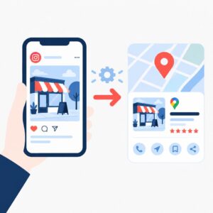 رسم توضيحي متجه: تدفق آلي يحول منشورات «إنستغرام» إلى تحديثات في «ملف Google Business»، ويُظهر هاتفًا مصممًا بأسلوب فني وعلامة Google