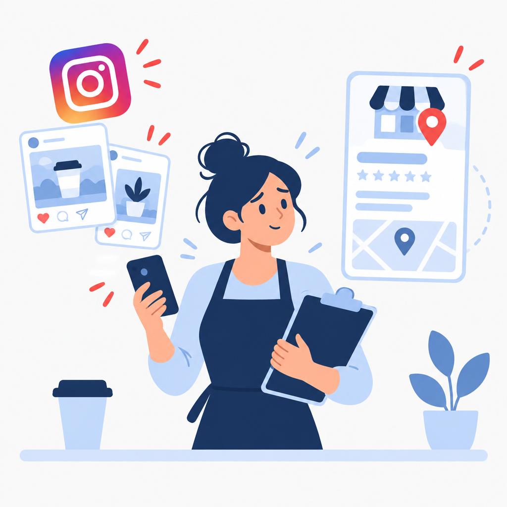 一幅矢量插图，描绘了一位企业主一边处理Instagram帖子，一边应对未填写的Google商家信息，以此体现手动跨平台发布所面临的挑战