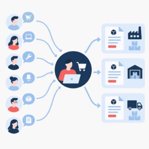 Flat vector illustration: centralised procurement hub consolidating multiple purchase requests into grouped purchase orders