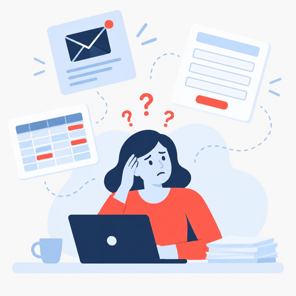 Flat vector illustration of scattered requisitions from email, forms and spreadsheets causing confusion