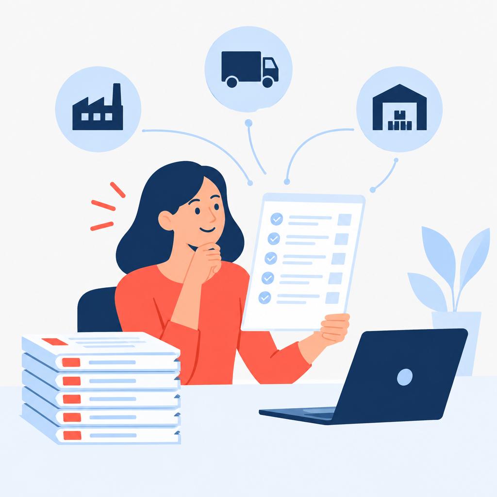 Flat vector illustration of consolidated batch purchase orders and a procurement person reviewing simplified PO list