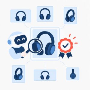 Illustration showing automated checks of product images with a quality badge and resized thumbnails in a clean tile layout.