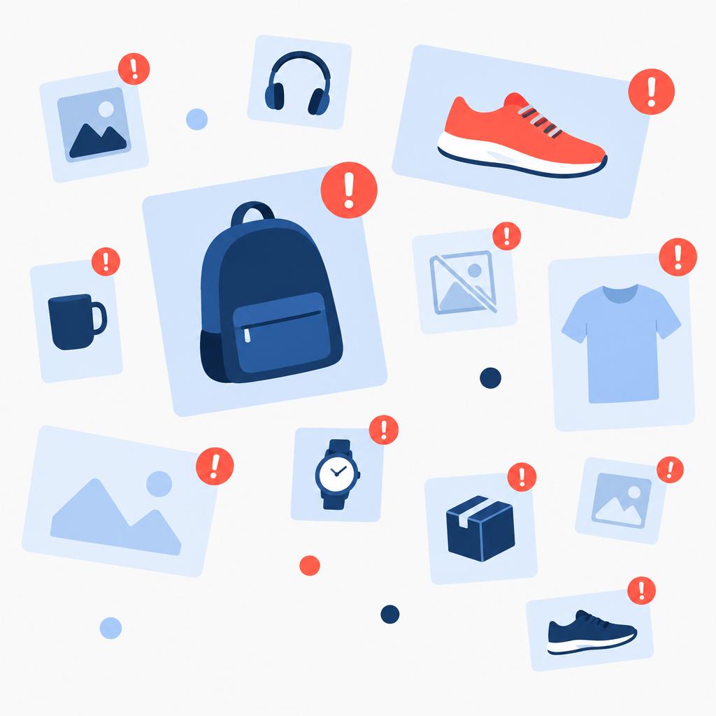 Illustration of disorganised product images with warning icons representing quality problems.