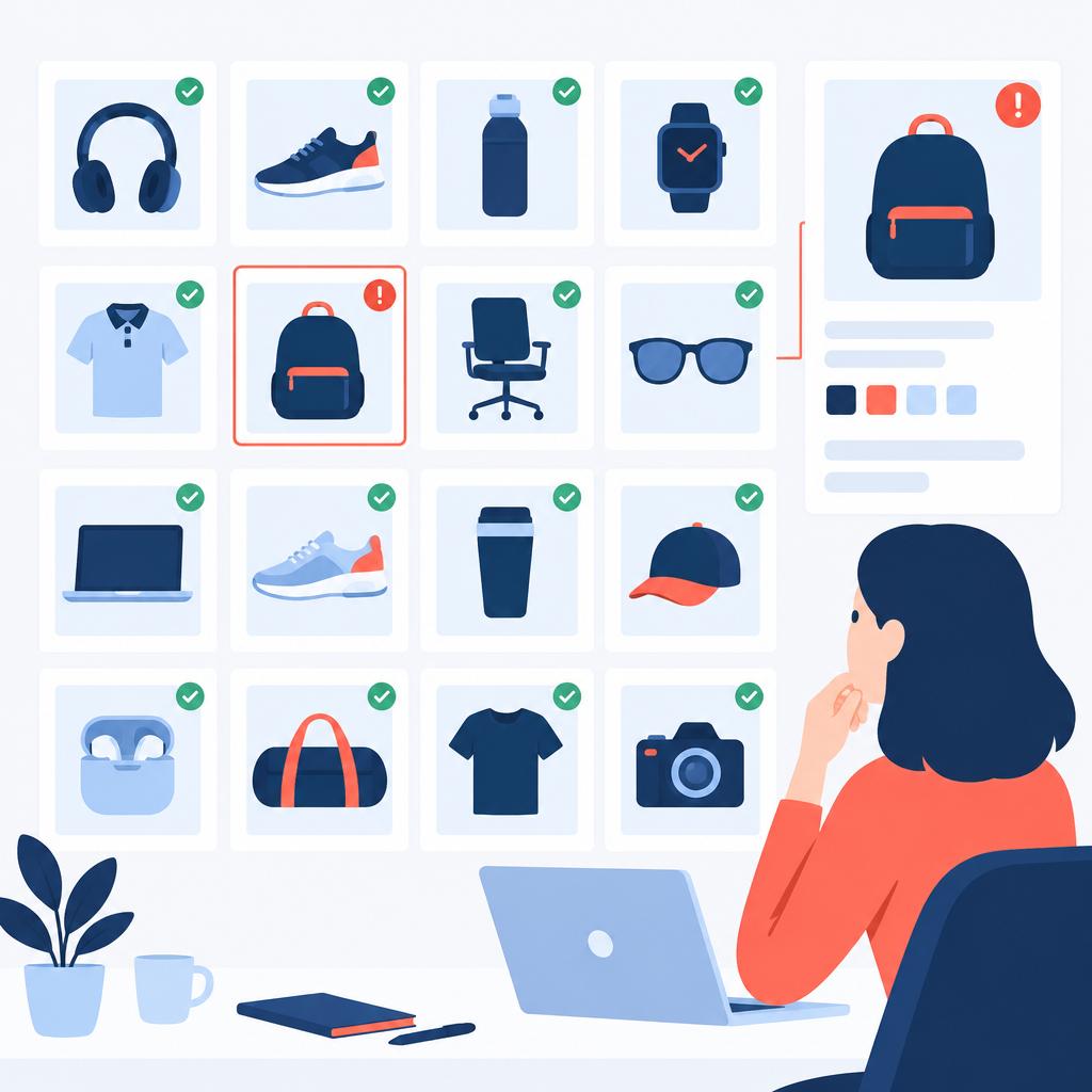 Illustration of a neat product thumbnail grid with green checks and one flagged image under review.