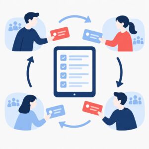 Ilustración vectorial de estilo plano que muestra equipos coordinados y una lista de comprobación que representa la gestión automatizada del lanzamiento de un producto.