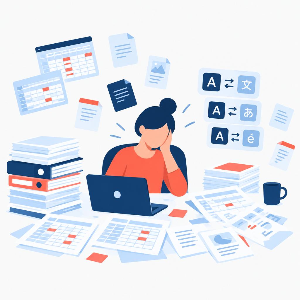 Flat vector depicting the manual localisation workflow with spreadsheets and dispersed notes