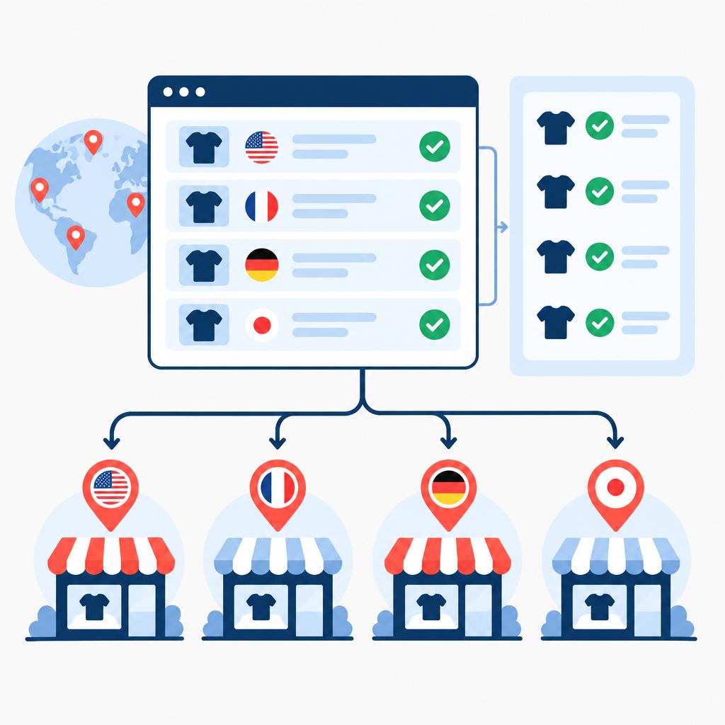 Flat vector depicting streamlined, channel-ready product listings flowing from a central dashboard