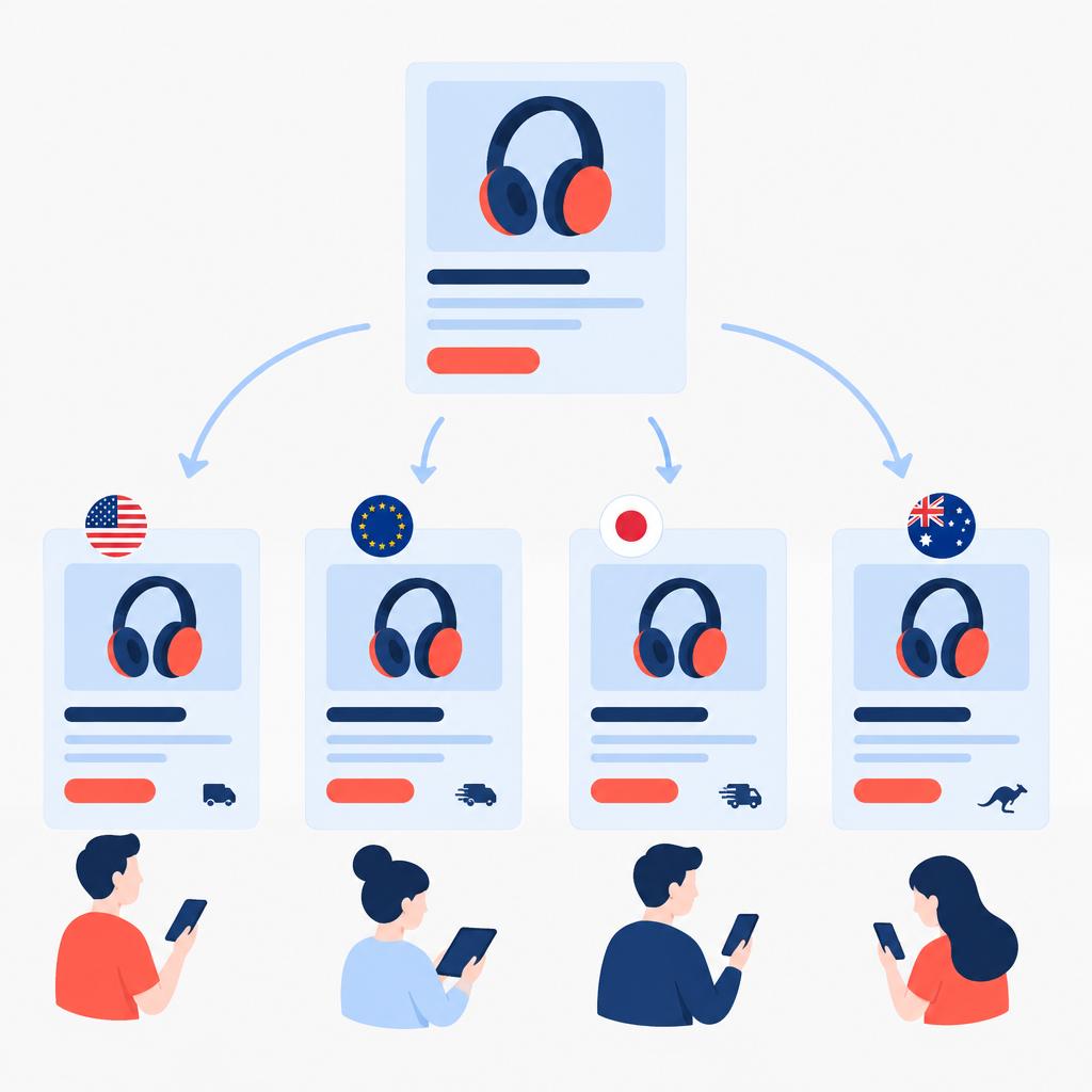 Flat vector illustration showing a product listing transformed into multiple localized versions for different markets