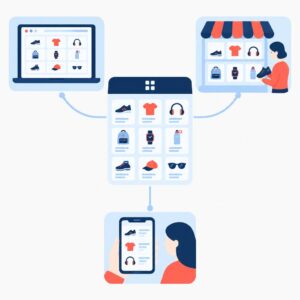Flat vector illustration showing harmonised product categories and channel icons connected to a central catalogue