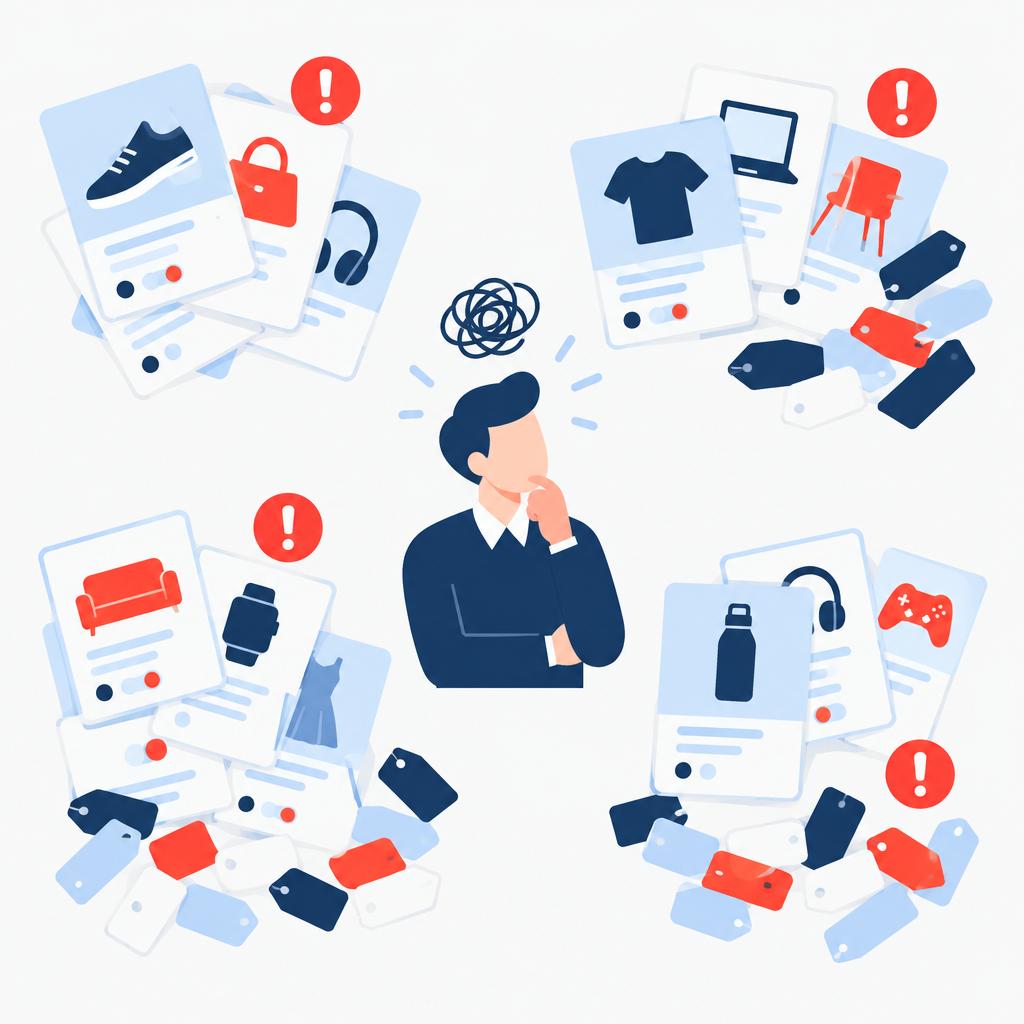 Flat vector illustration of scattered, inconsistent product cards and tags representing catalogue problems