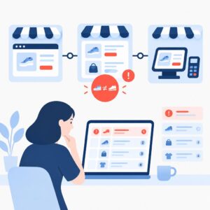 Ilustración vectorial de estilo plano que muestra una comparación de productos e iconos de alerta que representan las promociones y el seguimiento de precios en distintos canales.