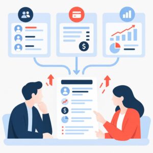 Ilustración que muestra un informe de ventas generado a partir de flujos combinados de datos de CRM, facturación y uso