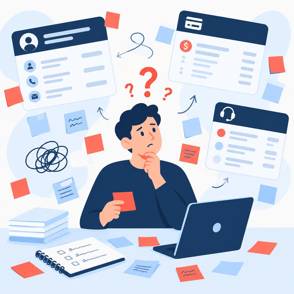 Illustration of scattered CRM, billing and support panels around a person searching for information