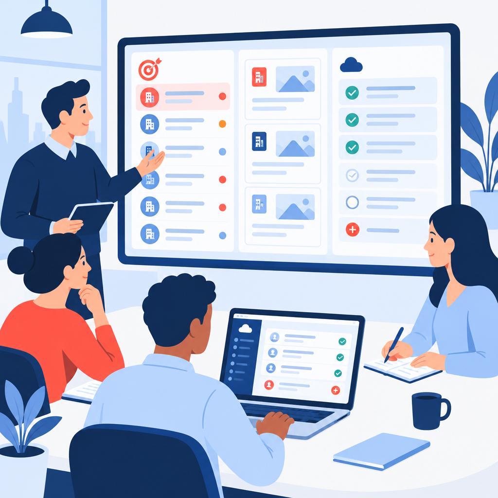 Illustration of a sales team viewing prioritised accounts and one-page upsell briefs on a shared dashboard