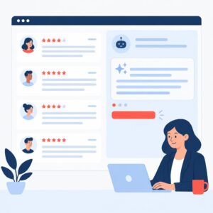 رسم توضيحي يُظهر نظامًا آليًّا يُنتج ردودًا ودية ومتسقة مع هوية العلامة التجارية على تعليقات العملاء عبر الإنترنت.