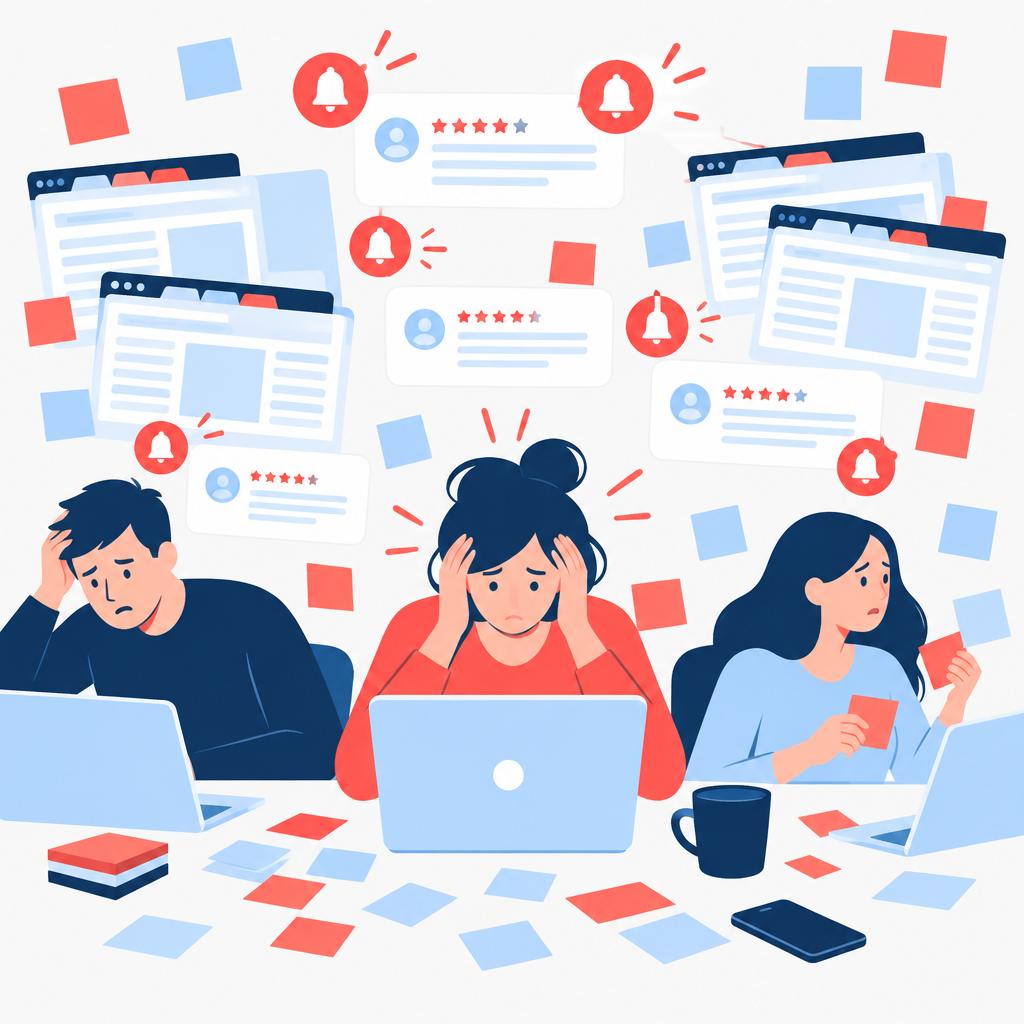 Illustration of a busy team struggling to keep up with incoming online reviews, representing the manual review problem.