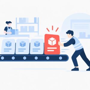 Ilustración vectorial plana en la que se muestra cómo se clasifican los pedidos, con un pedido urgente resaltado que pasa al principio de la cola de preparación de pedidos.