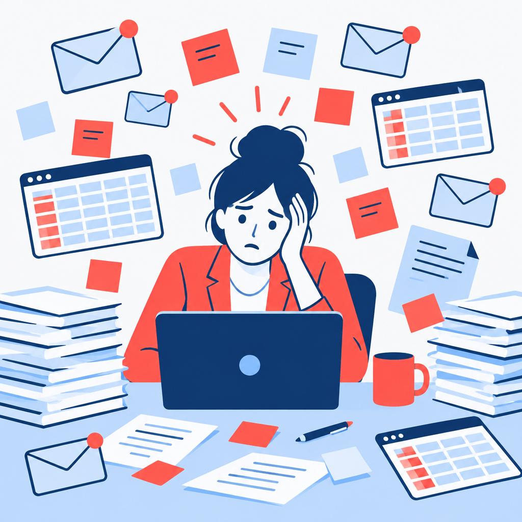 Illustration d'un responsable submergé par les e-mails et les tableurs avant la mise en place de l'automatisation
