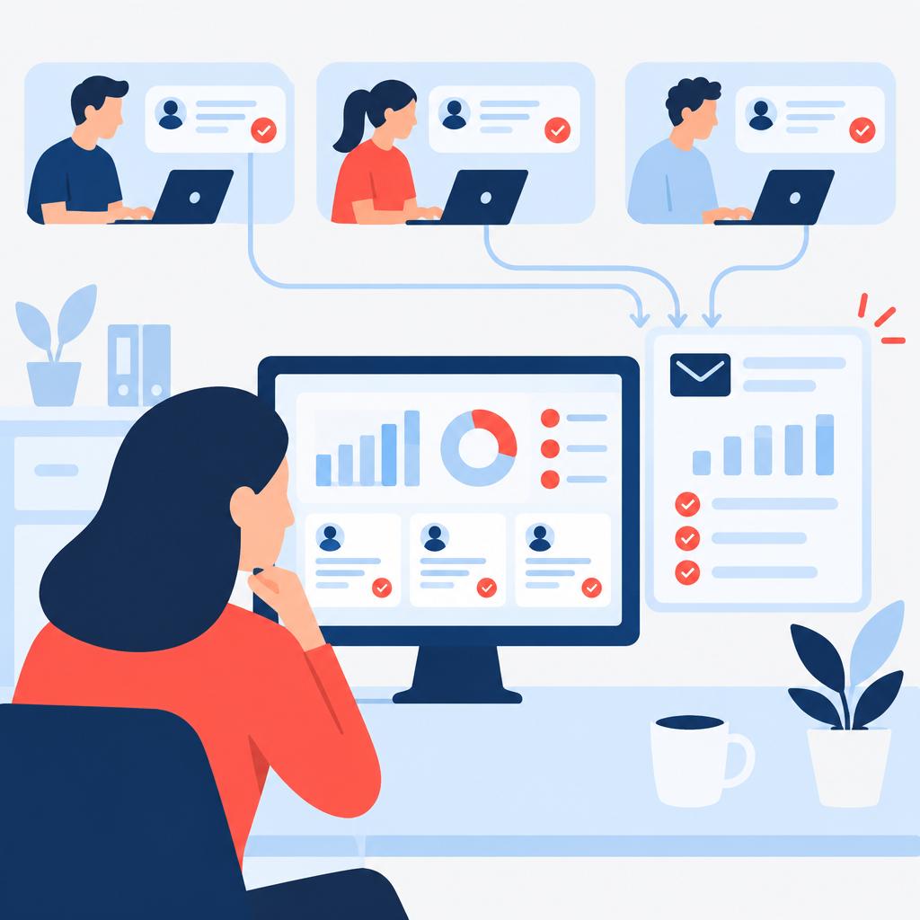 Illustration d'un responsable consultant un récapitulatif quotidien des ventes bien présenté grâce à l'automatisation