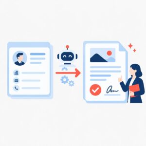Flat vector illustration showing an automated process turning CRM records into a polished proposal document with approval ticks and a signed paper.