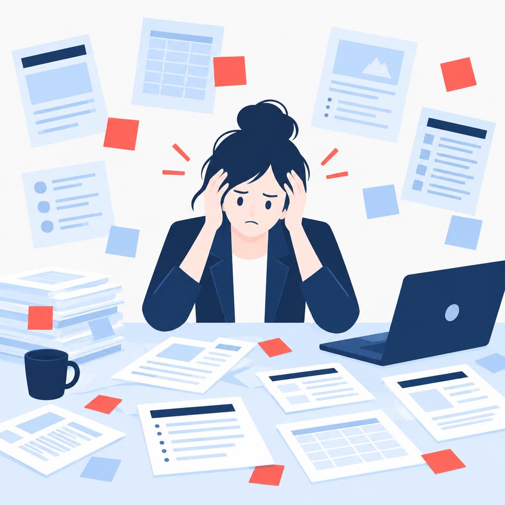 Illustration of a sales rep overwhelmed by scattered templates and documents representing the pre-automation challenge.
