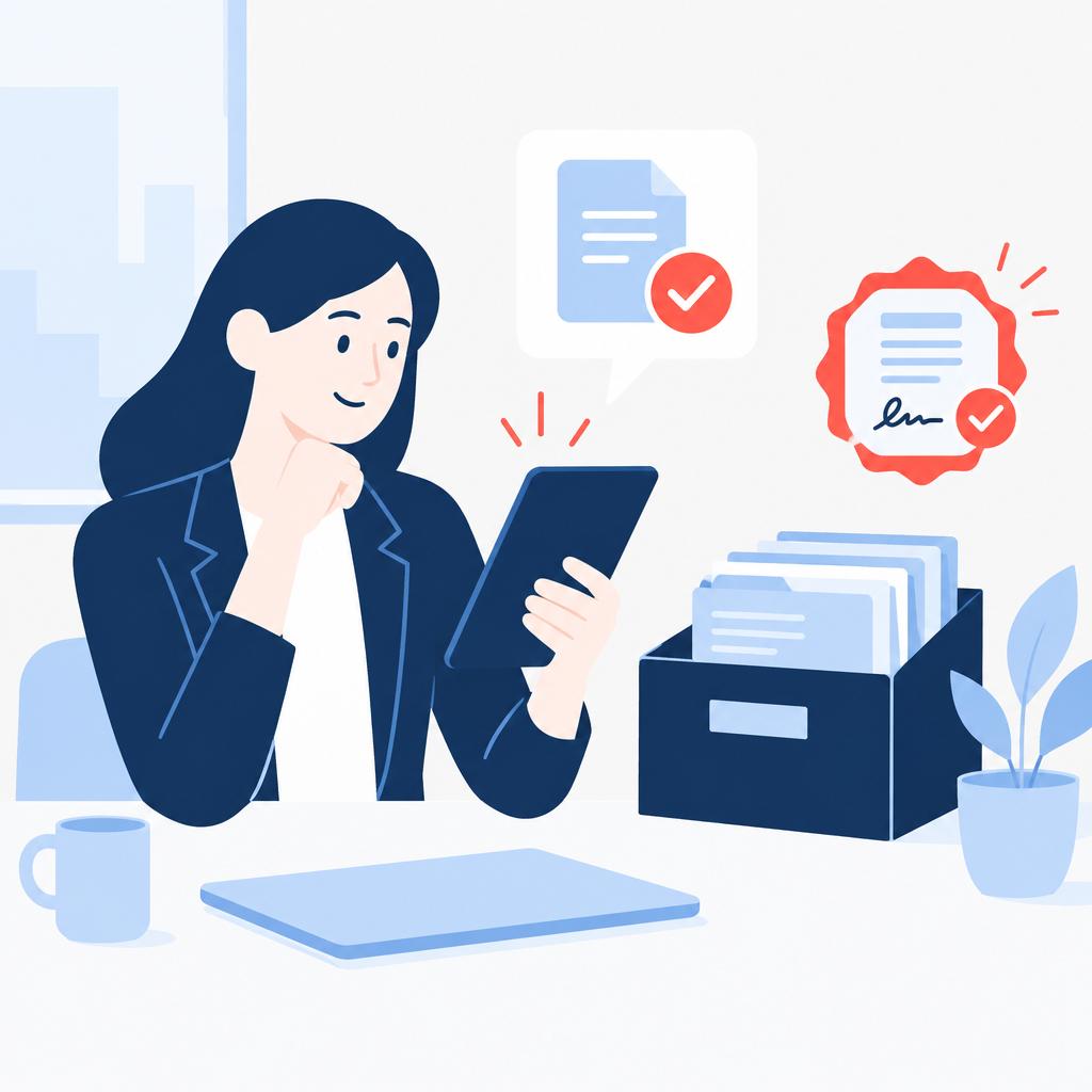 Illustration of a calm sales rep viewing a final approved and signed proposal representing the post-automation result.