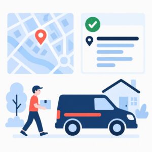 Flat-vector illustration showing a validated shipping address with a green checkmark and a delivery van beside a simplified map.