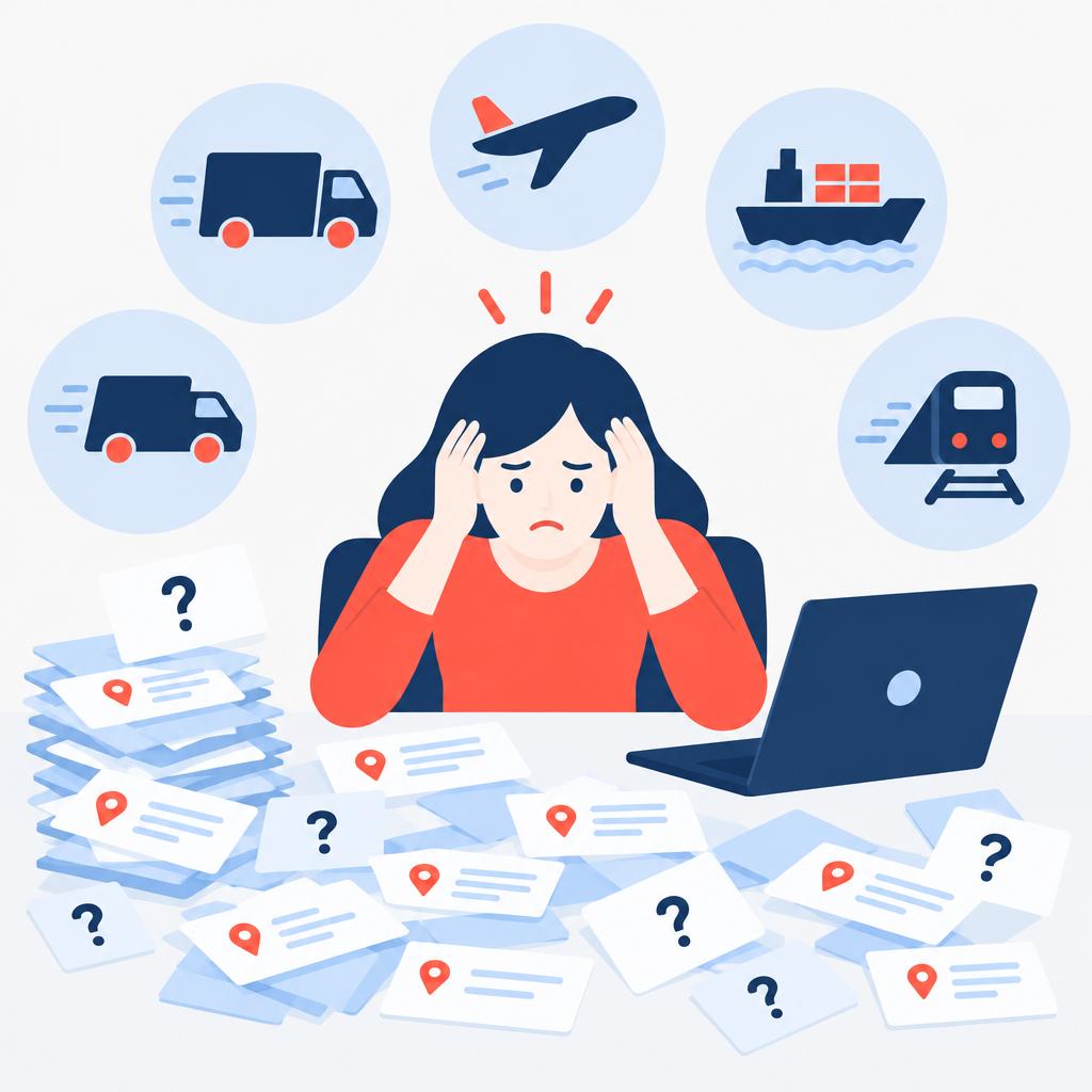 Illustration of messy, inconsistent shipping addresses and a frustrated operator.
