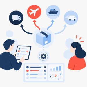 Ilustración vectorial plana que muestra un panel de control de operaciones con paquetes, logotipos de transportistas y flechas de ruta que representan decisiones de envío automatizadas.
