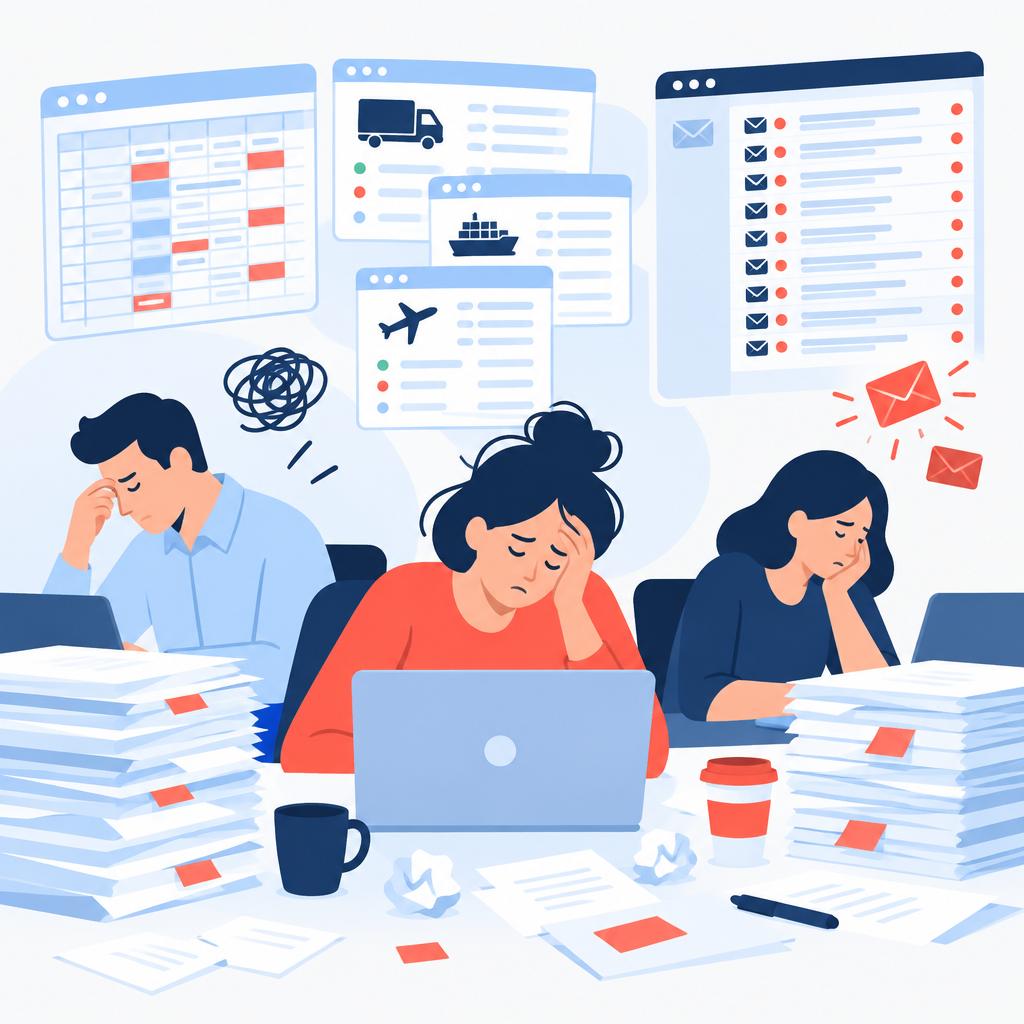 Flat vector before-automation scene with spreadsheets, open carrier tabs and a stressed operations person.
