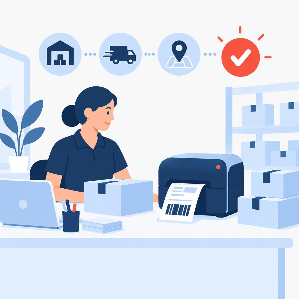 Flat vector after-automation scene with an automated label printer, clear routing icons and a calm fulfilment operator.