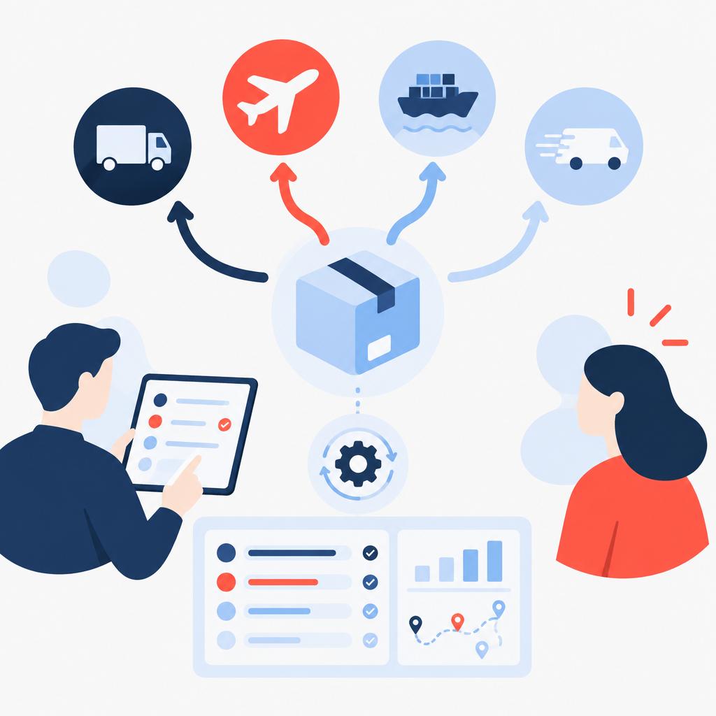 Flat vector illustration showing an operations dashboard with parcel, carrier logos and routing arrows representing automated shipping decisions.