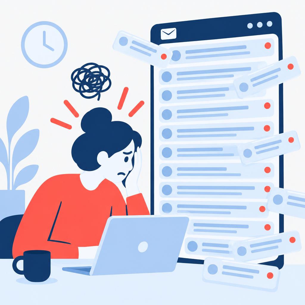 Vector illustration of an overloaded inbox and a frustrated team member before automation