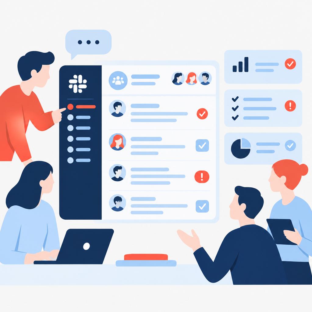 Vector illustration of a neat Slack channel with concise summary cards and team collaboration after automation