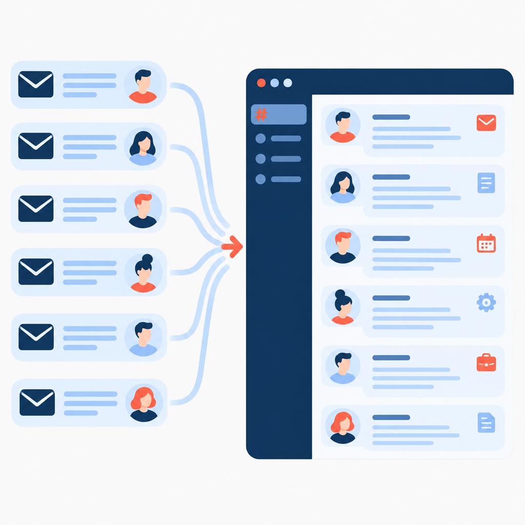 Illustration vectorielle montrant des e-mails se transformant en messages concis sur Slack, publiés dans un canal d'équipe