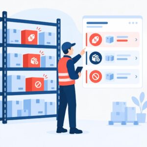 Illustration vectorielle « flat » représentant une étagère d'entrepôt sur laquelle figurent des produits à faible rotation signalés, ainsi qu'un tableau de bord proposant des promotions