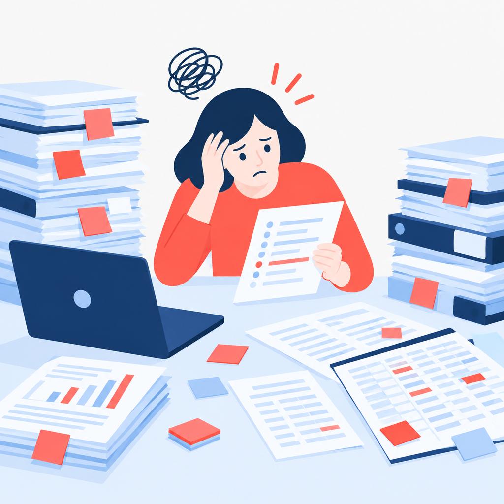 Illustration d'une personne submergée par des feuilles de calcul et des rapports illustrant une analyse manuelle des stocks