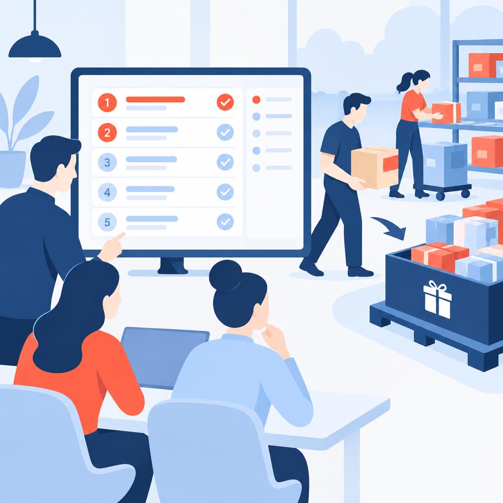 Illustration d'un tableau de bord opérationnel structuré, présentant les actions prioritaires par référence et le personnel chargé de la mise en œuvre des promotions