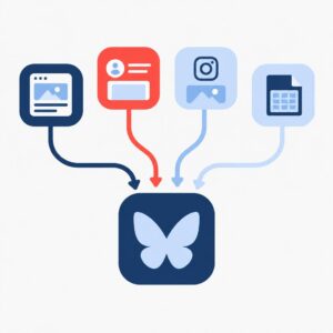 Ilustración vectorial plana que muestra el flujo automatizado de contenidos desde los canales existentes hacia Bluesky, con un sencillo icono al estilo de Bluesky y formas redondeadas.
