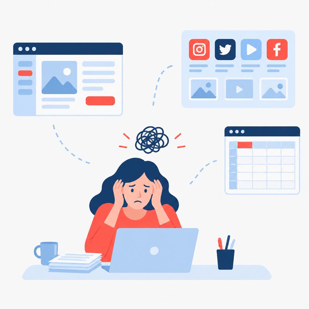 Flat vector illustration of disconnected content sources—CMS, social icons and spreadsheets—not integrated and visually separated.