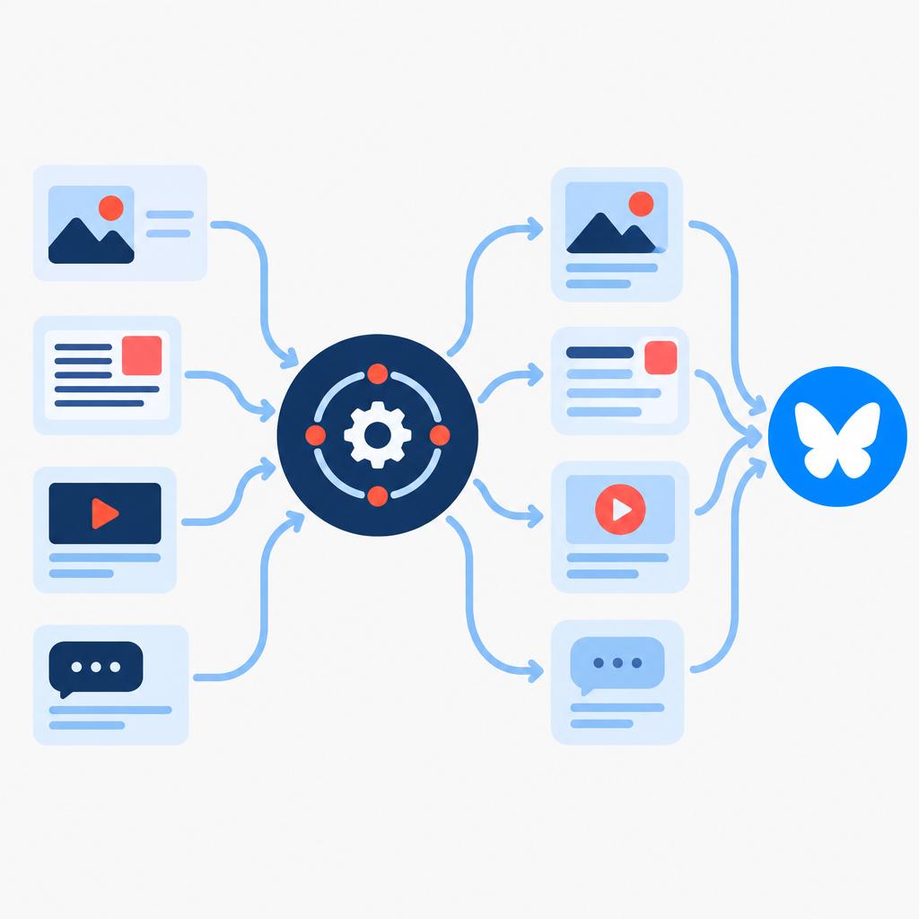 Flat vector illustration of an integrated automation hub delivering adapted content to Bluesky, showing ordered workflow and clean distribution.