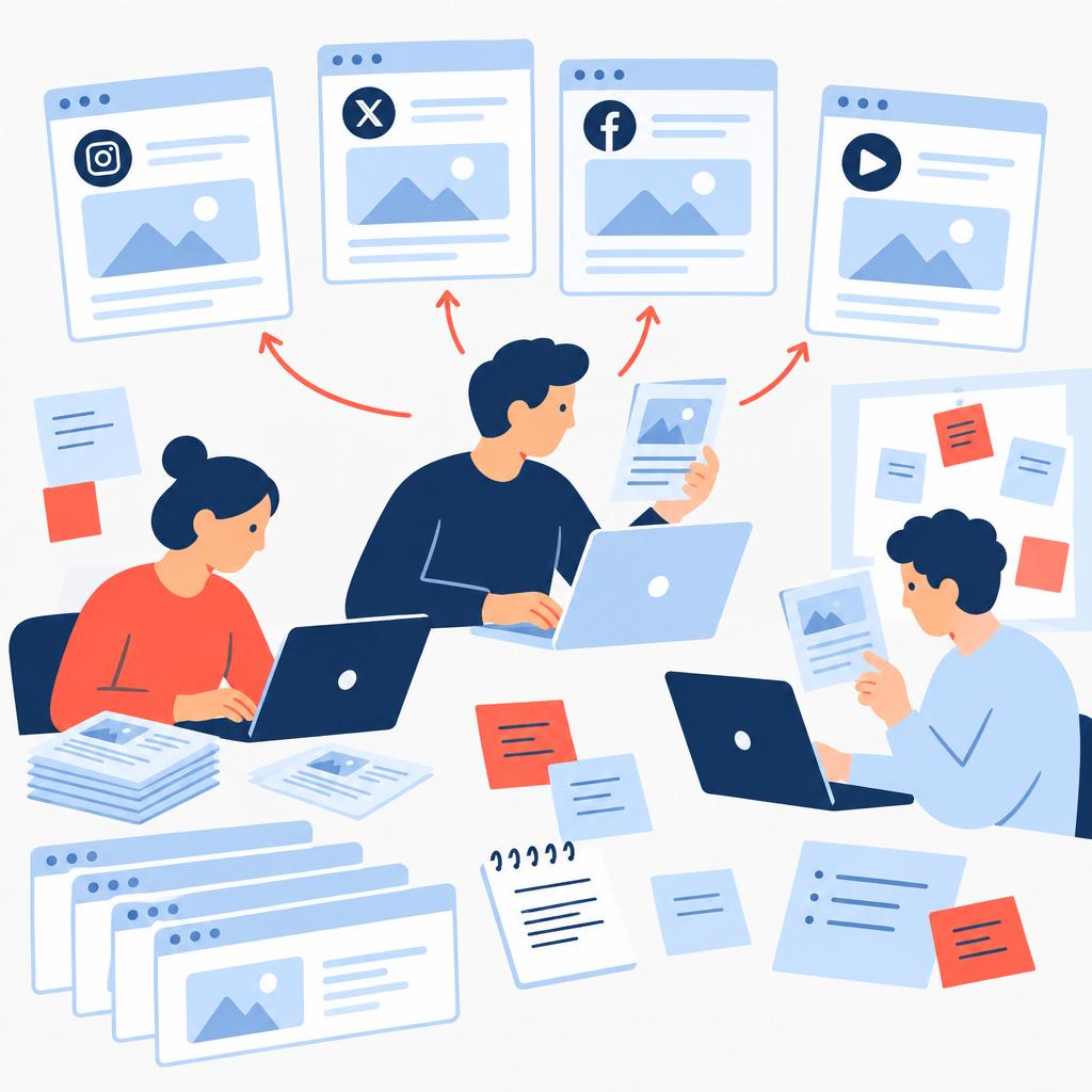 Illustration of a small team manually copying and formatting posts across multiple platforms, representing the pre-automation challenge