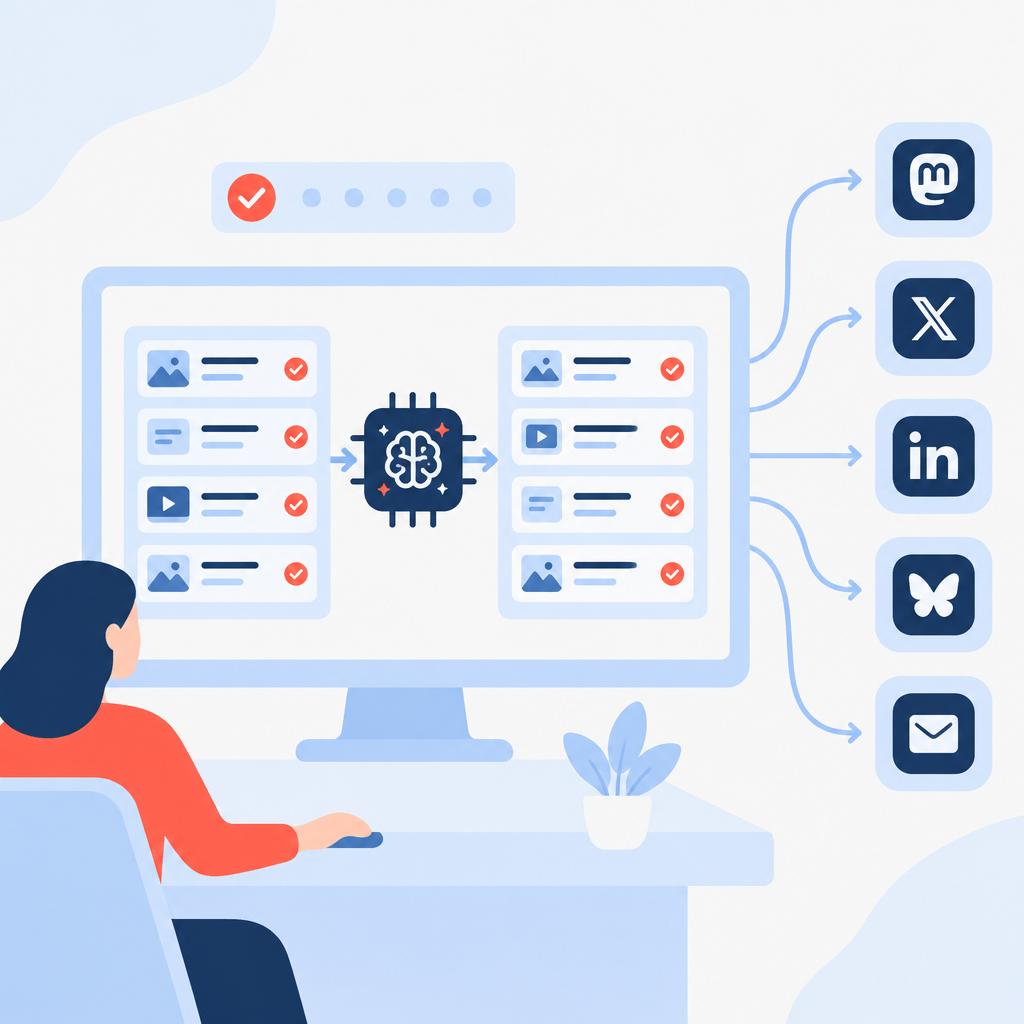 Illustration of an automated queue and successful publishing events to Mastodon and other channels, representing the post-automation result