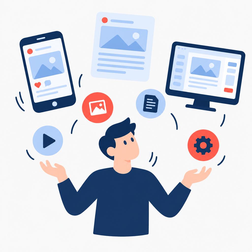 Ilustración vectorial plana: un profesional del marketing abrumado por las múltiples fuentes de contenido antes de la automatización
