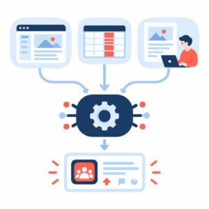 Ilustración vectorial plana que muestra la publicación automatizada y el flujo de contenidos desde las fuentes de contenido hasta una plataforma social, en los colores corporativos de implementi.ai.